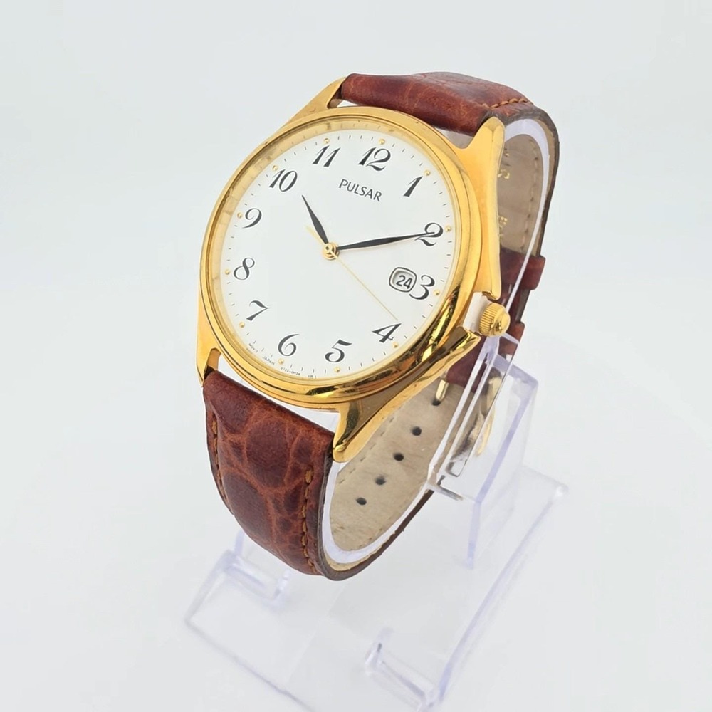 Vtg SEIKO PULSAR Watch Date Indicator Brown Croc Leather Band Gold Tone 8"